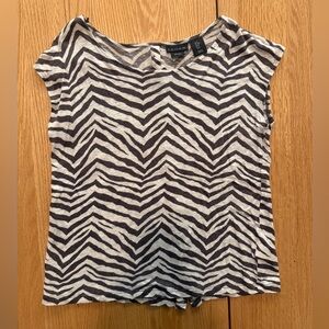 Tahari Black White Zebra Print Linen Top M Cap Sleeve Button Back Blouse